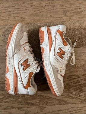 New Balance White and Orange 550 Low-Top Sneakers